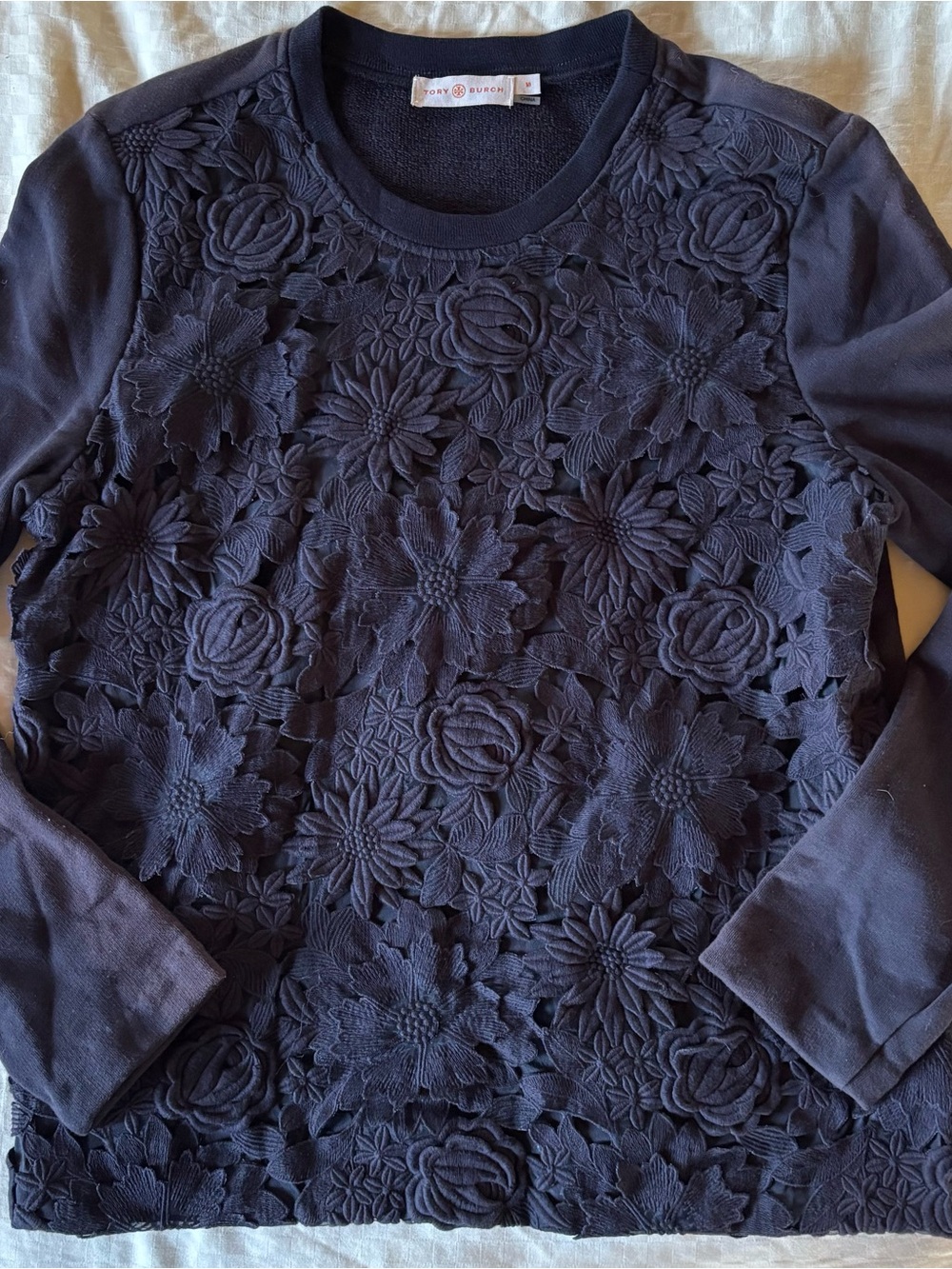 Tory Burch Navy Floral 3D Appliqué Long Sleeve Top